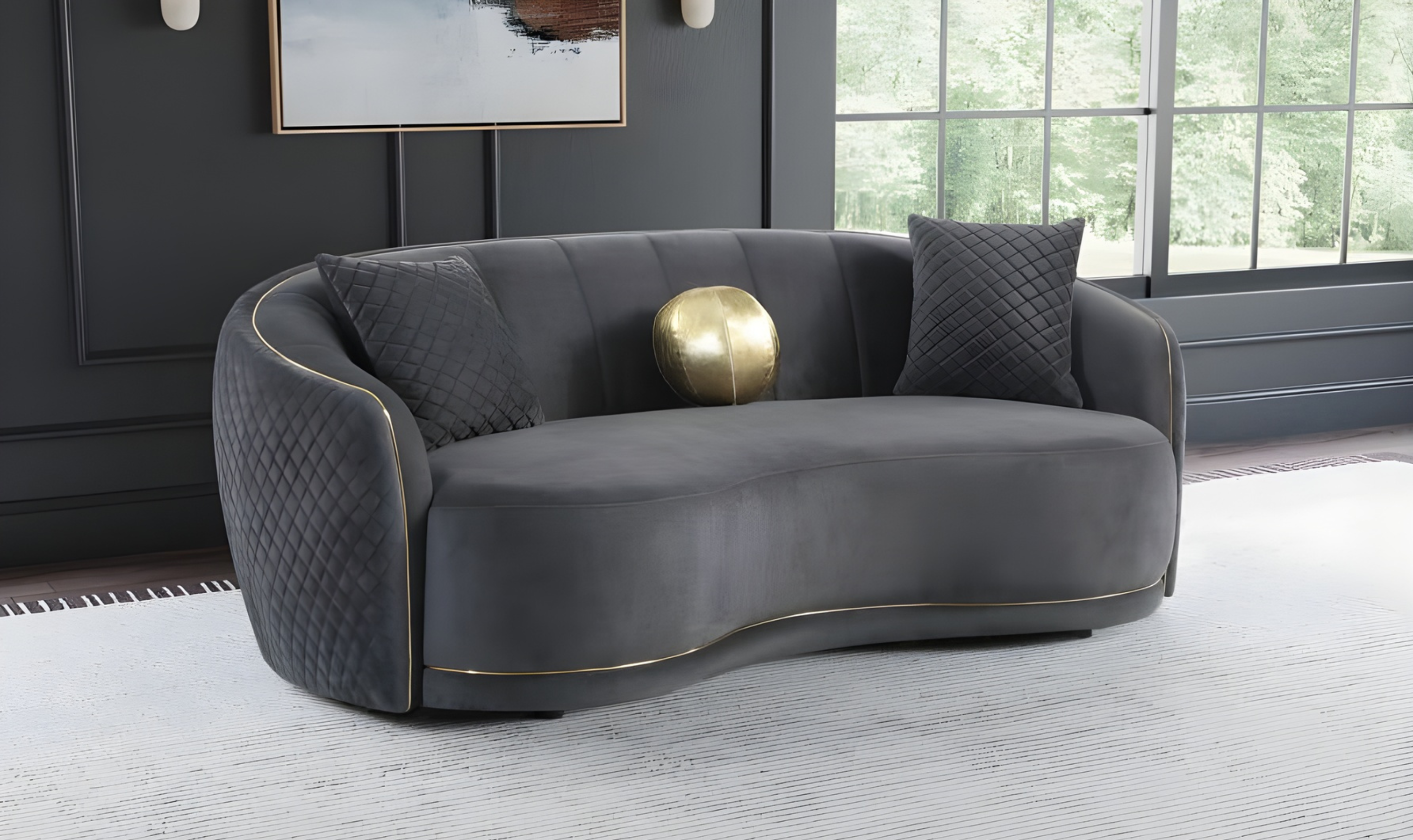 Curved 3-Seater Sofa in Brookside Velvet with Accent Pillows