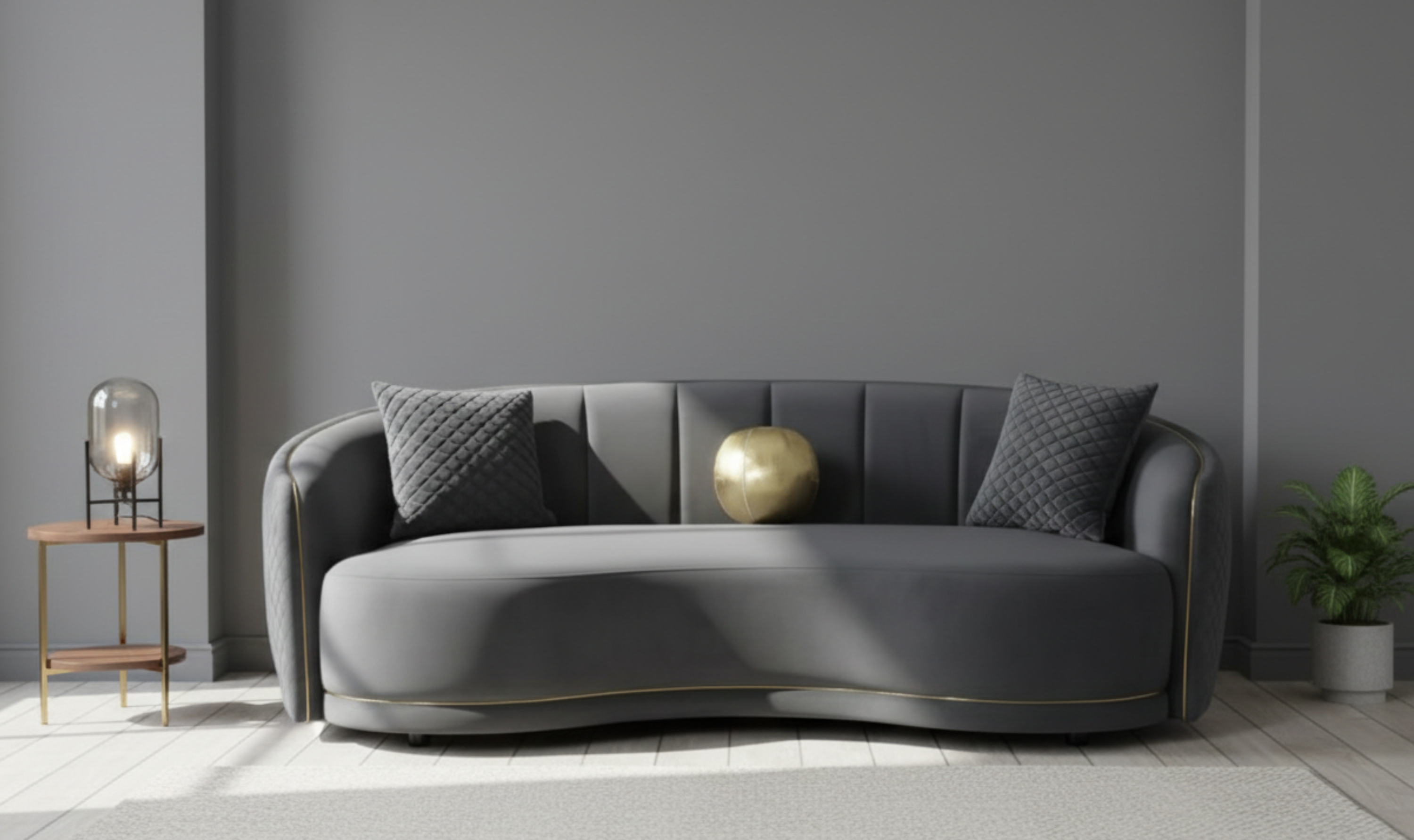 Curved 3-Seater Sofa in Brookside Velvet with Accent Pillows