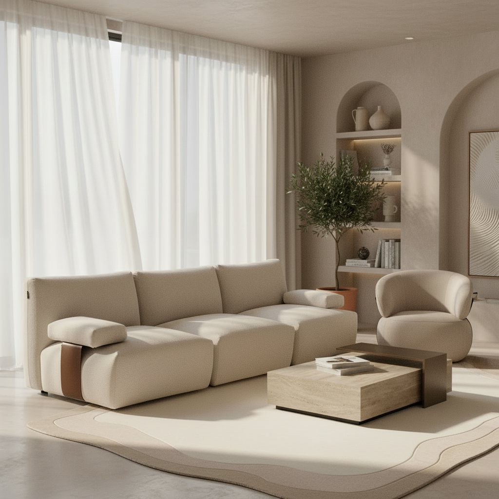 Lounge Chair in Beige with Curved Back Design