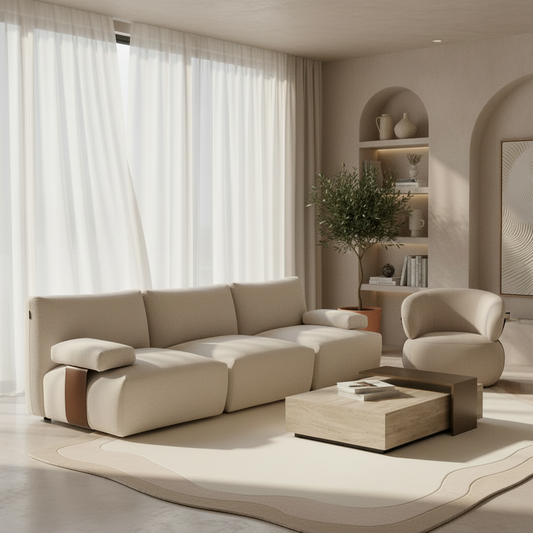 Lounge Chair in Beige with Curved Back Design