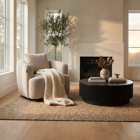 Lounge Chair in Greige Boucle with Curved Back