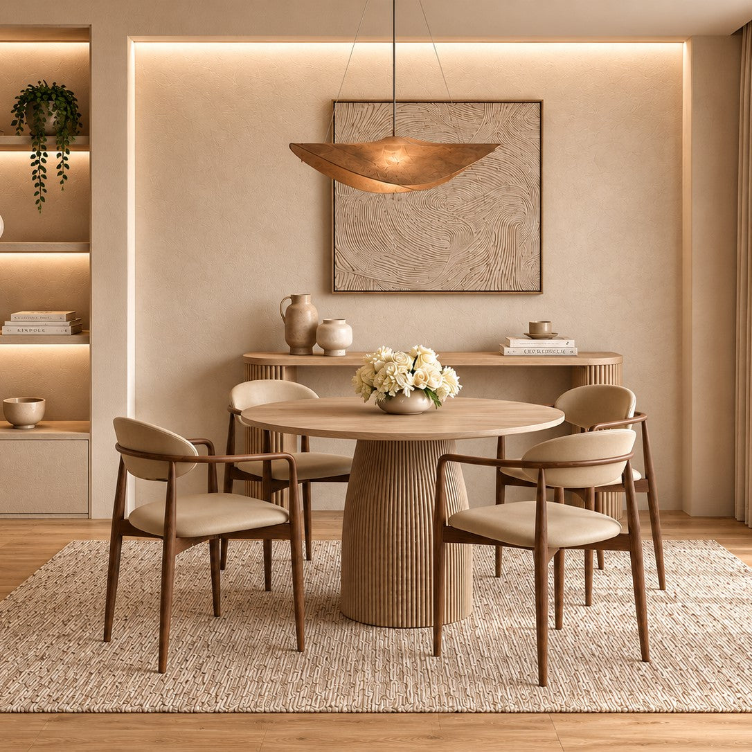 Dining Chair in Beige Vegan Leather with Curved Backrest