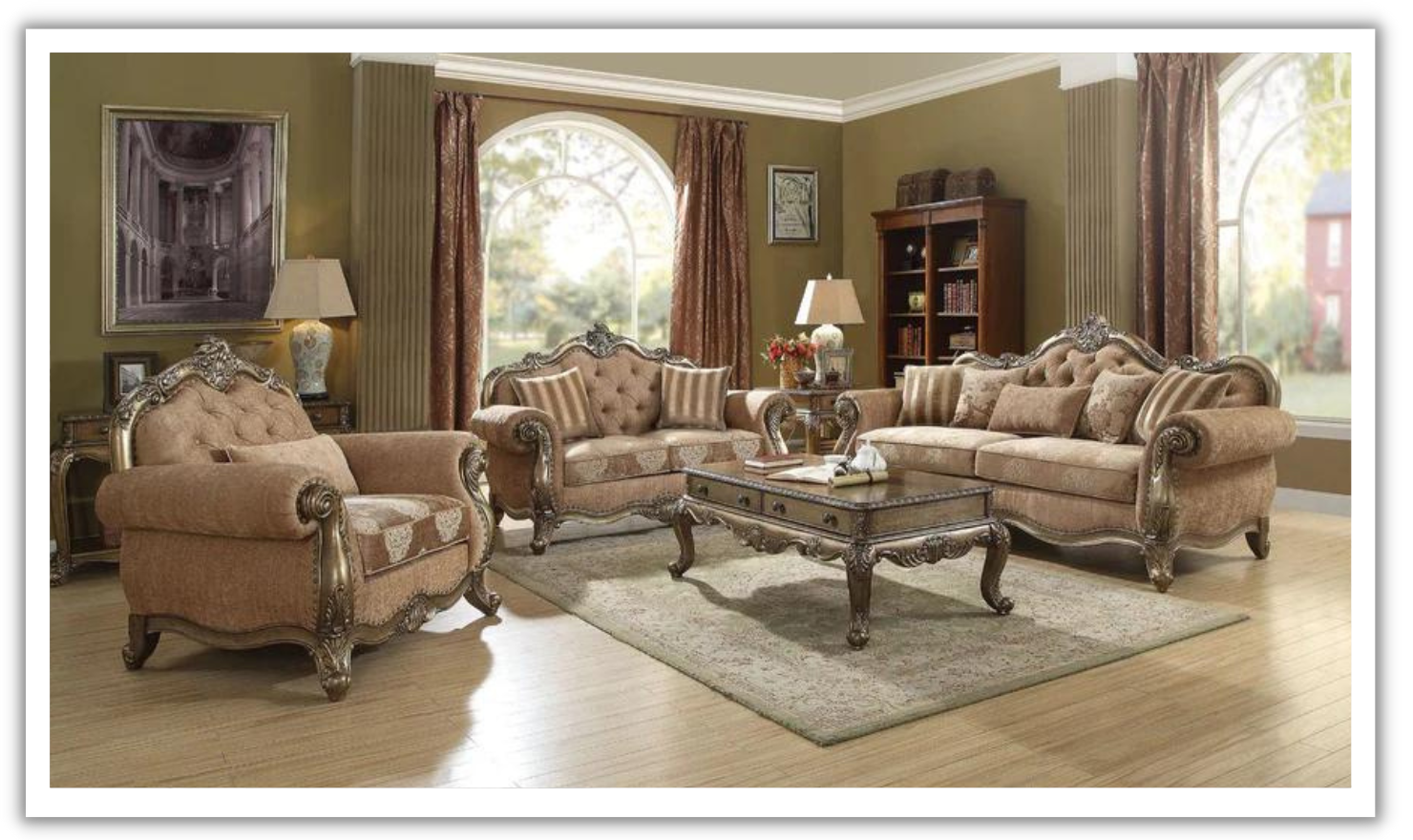 Tufted Fabric Sofa in Brown with Elegant Curved Arms