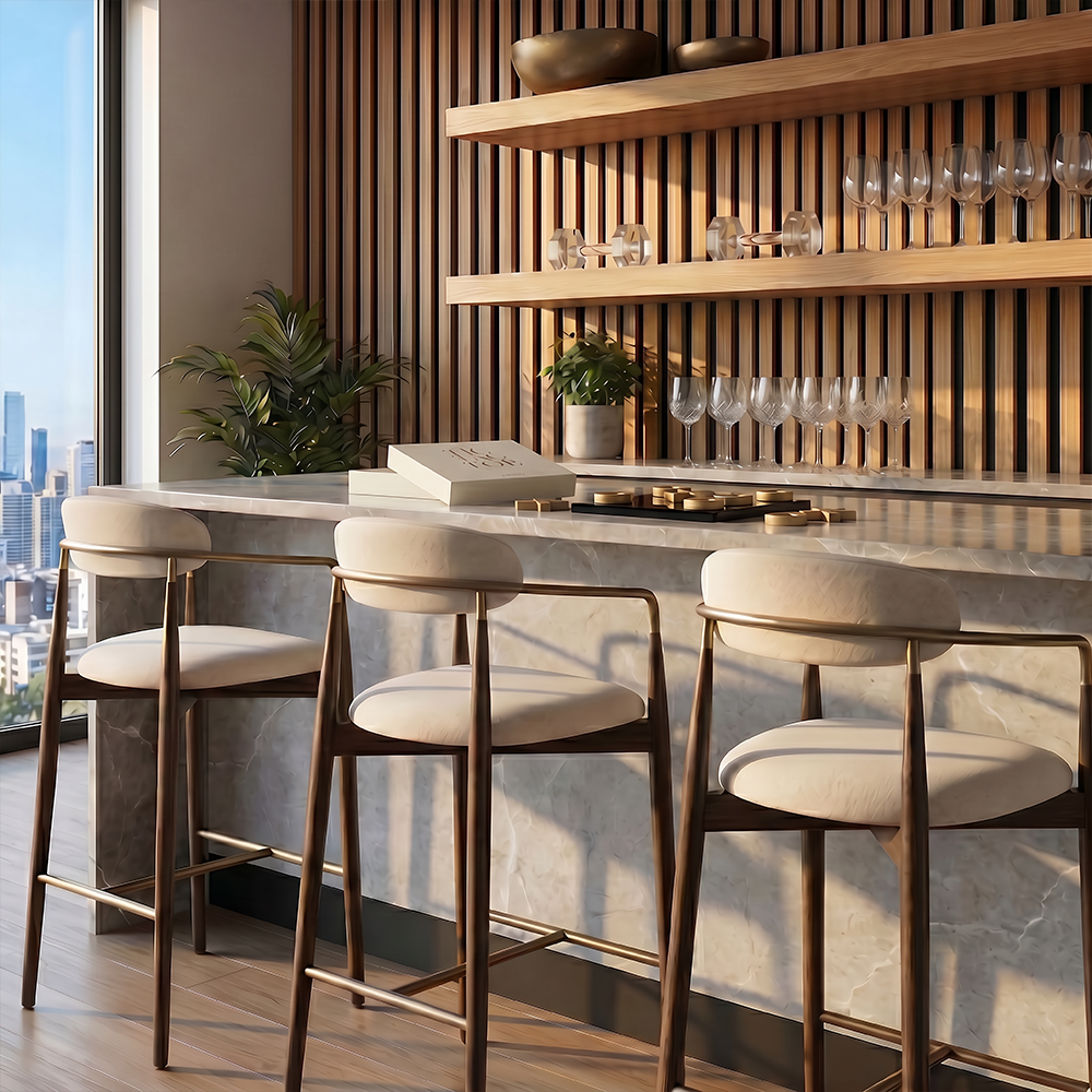 Counter Stool in Beige with Wooden Legs