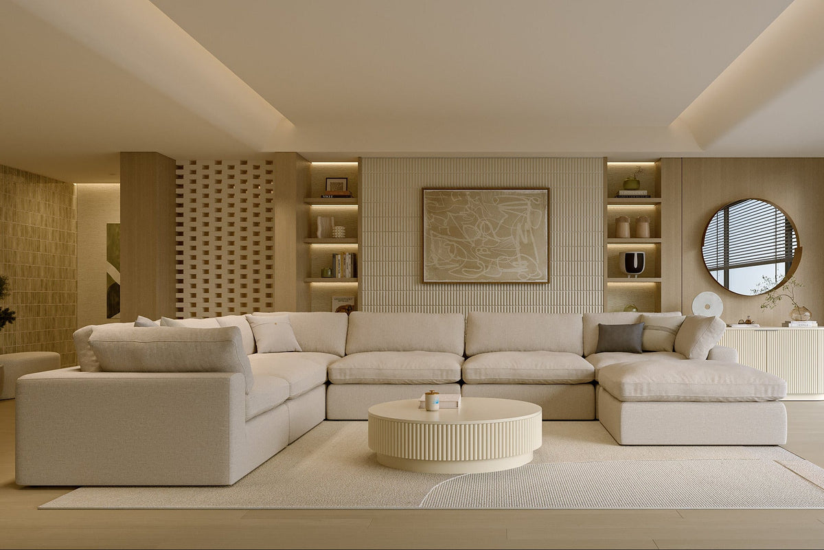 Extended Sectional Modular Sofa in Beige Fabric