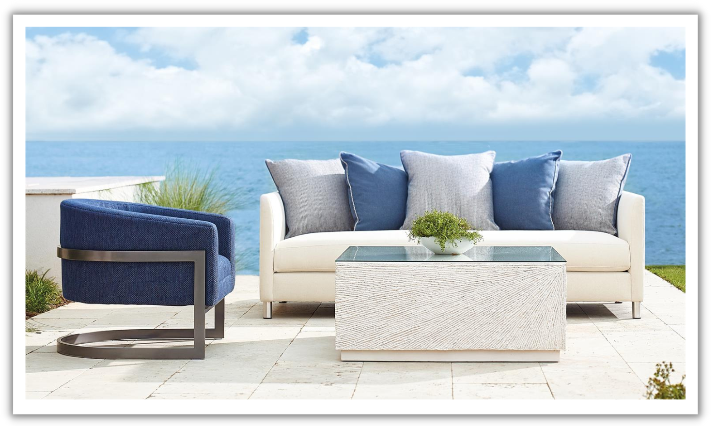 3-Seater Outdoor Sofa in White Fabric with Track Arms