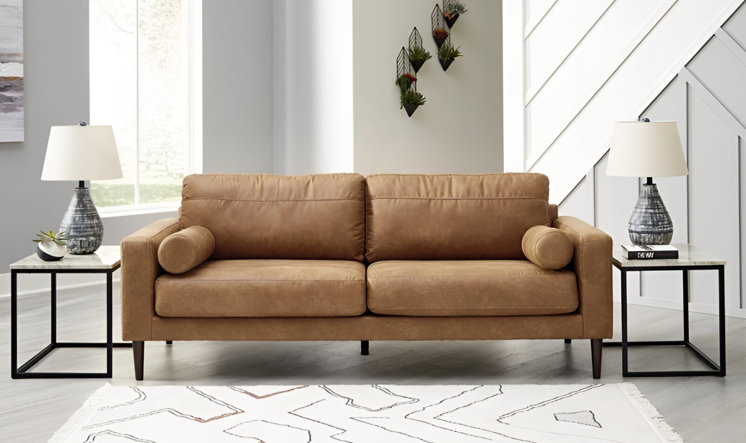 2-Seater Caramel Leather Sofa with Track Arms
