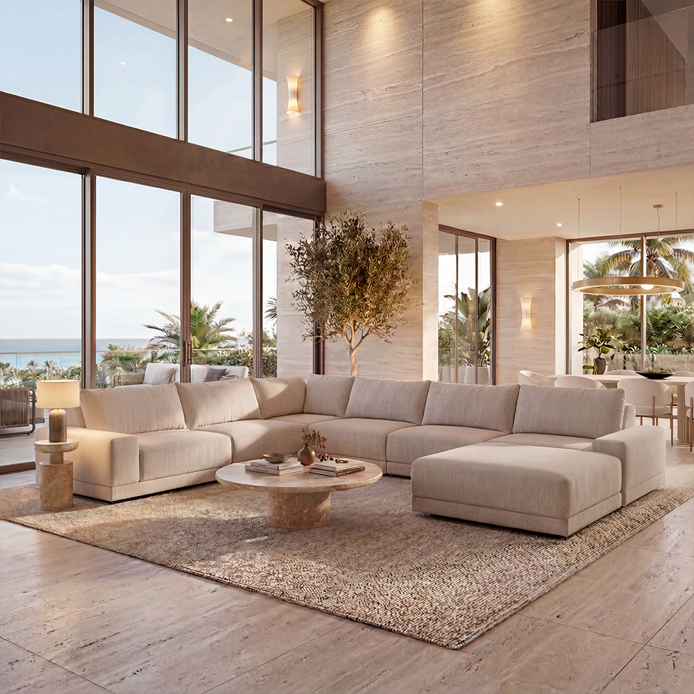 Large Corner Sectional with Ottoman in Beige Fabric