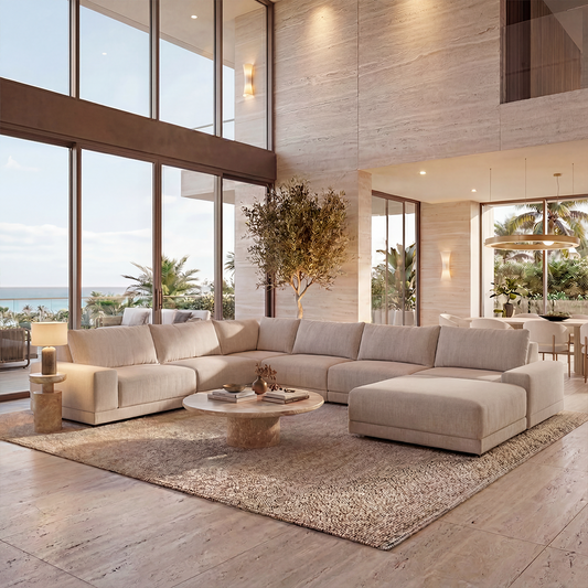Large Corner Sectional with Ottoman in Beige Fabric