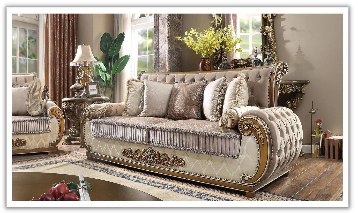 Fabric Sofa with Tufted Back in Brown and Beige