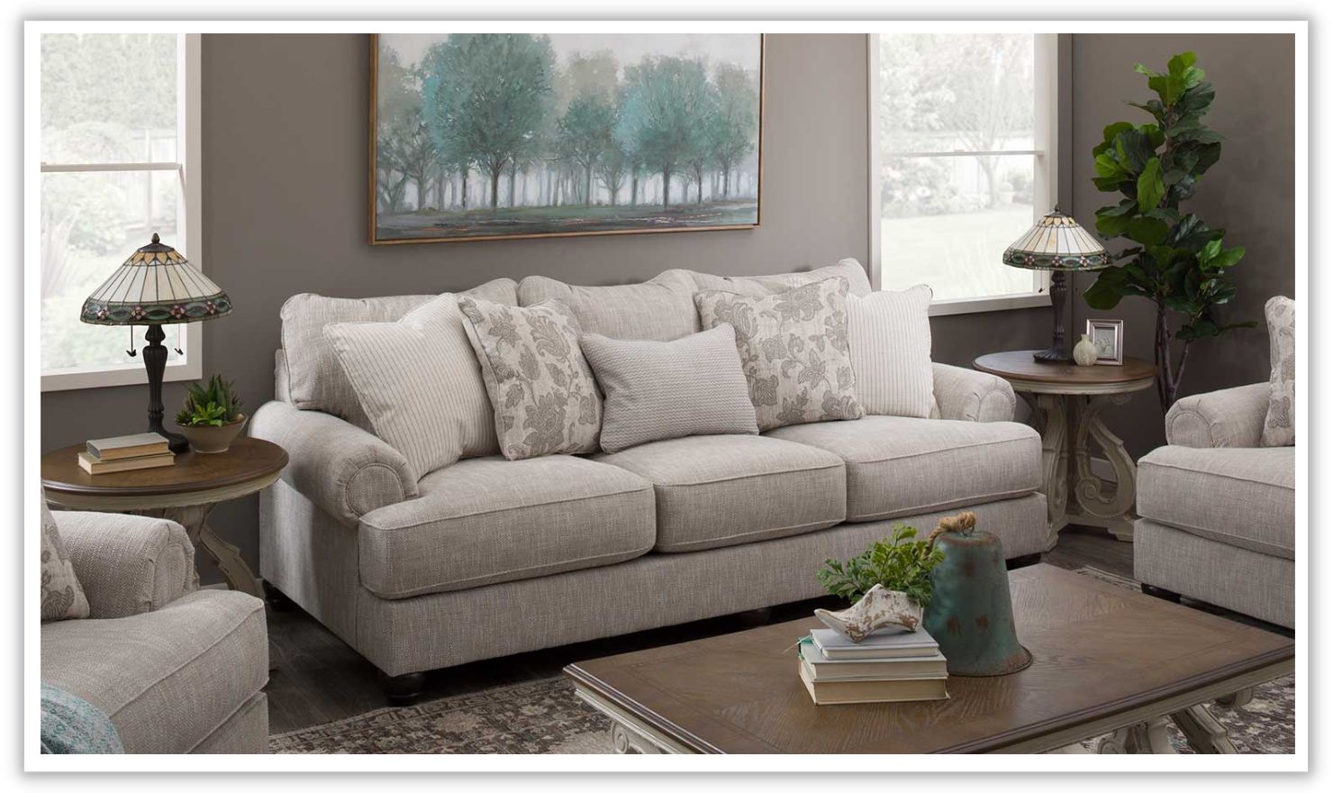 3-Seater Fog Fabric Sofa with Rolled Arms and Heritage Design