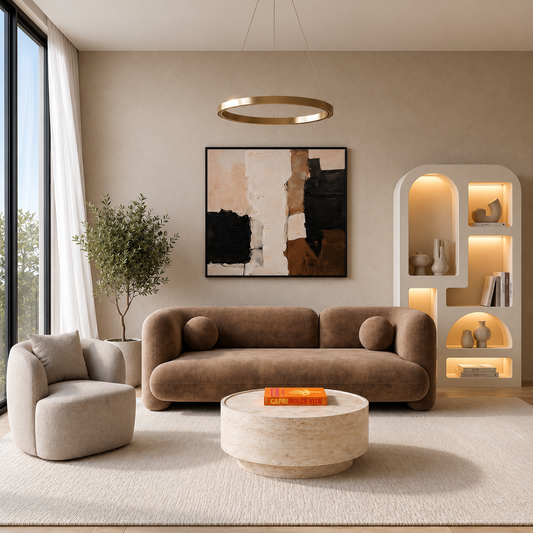 Lounge Chair in Greige Boucle with Curved Back