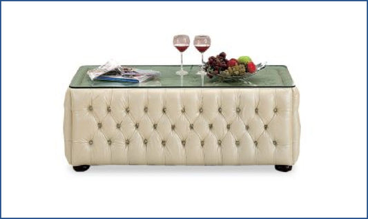 2-Seater Tufted Back Leather Sofa in Ivory