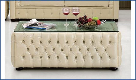 2-Seater Tufted Back Leather Sofa in Ivory