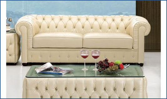 2-Seater Tufted Back Leather Sofa in Ivory