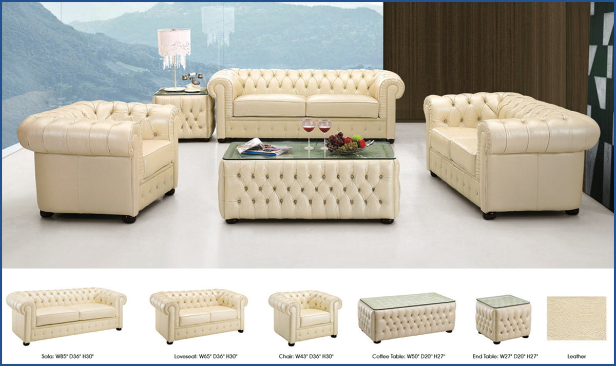 2-Seater Tufted Back Leather Sofa in Ivory