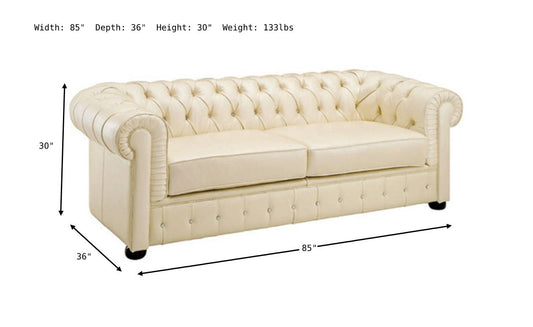 2-Seater Tufted Back Leather Sofa in Ivory