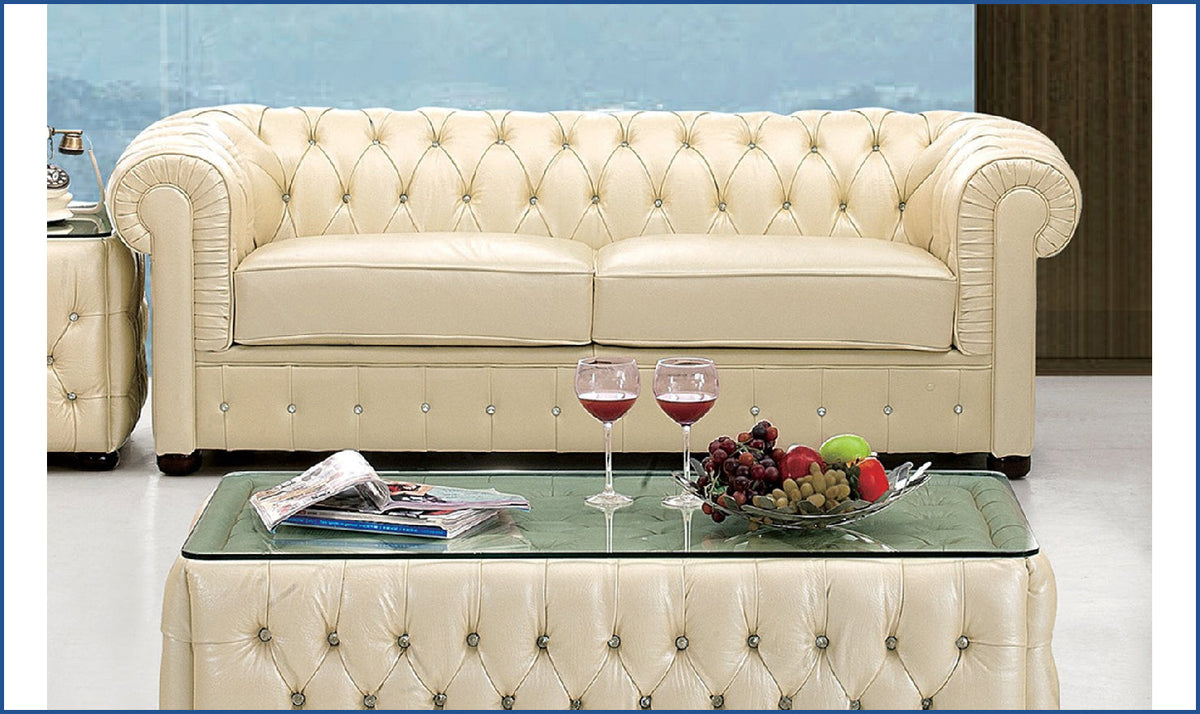 2-Seater Tufted Back Leather Sofa in Ivory
