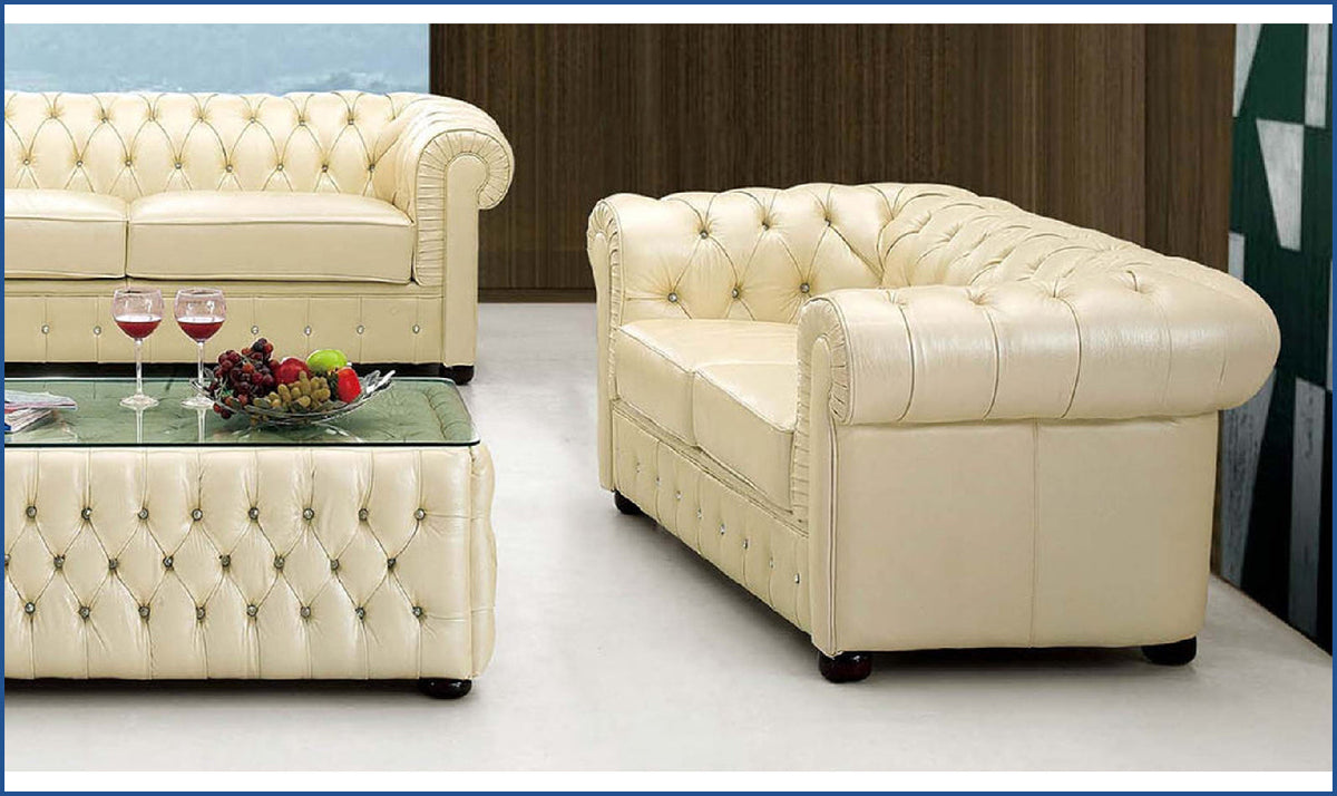 2-Seater Tufted Back Leather Sofa in Ivory