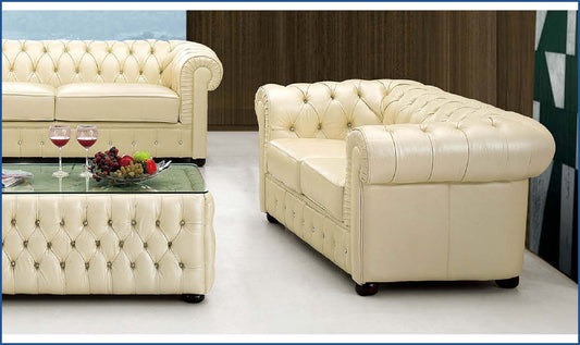 2-Seater Tufted Back Leather Sofa in Ivory