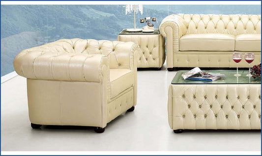 2-Seater Tufted Back Leather Sofa in Ivory