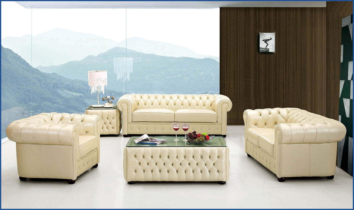 2-Seater Tufted Back Leather Sofa in Ivory