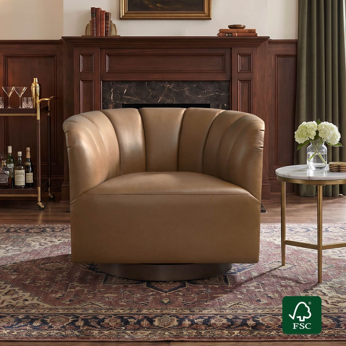 Barrel Swivel Accent Chair with Channel Stitching