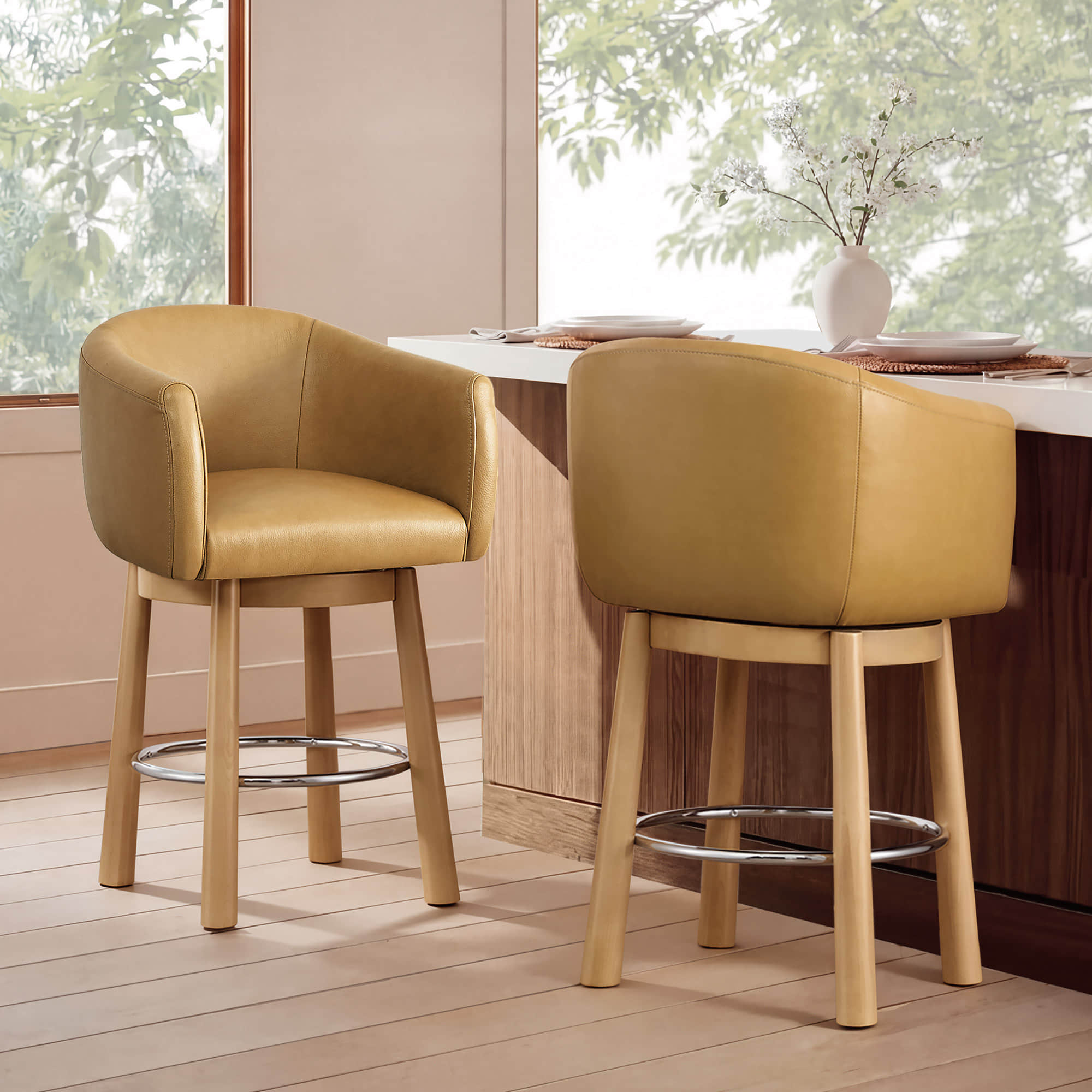 Barrel Swivel Bar Stool in Genuine Leather, Set of 2