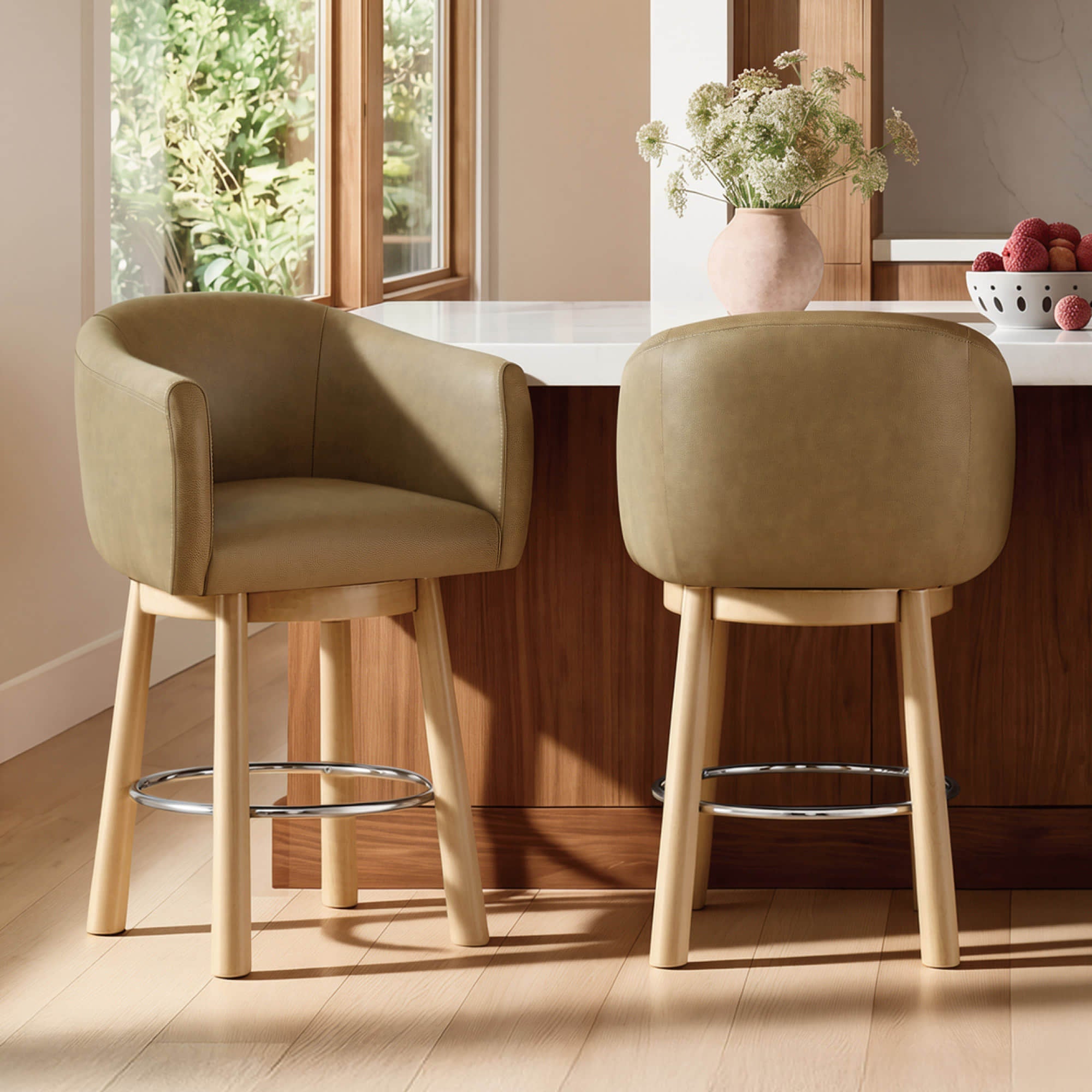 Barrel Swivel Bar Stool in Genuine Leather, Set of 2