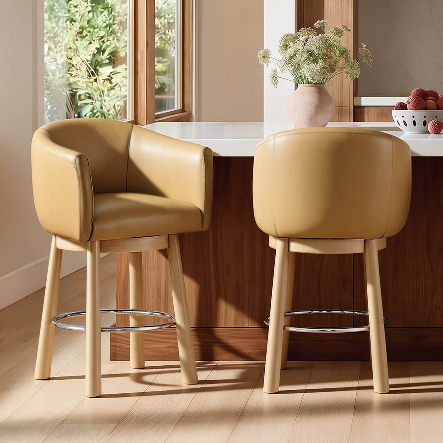 Barrel Swivel Bar Stool in Genuine Leather, Set of 2