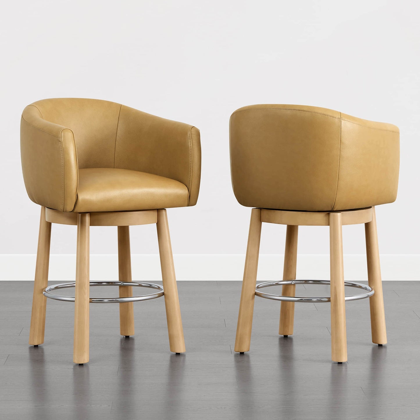 Barrel Swivel Bar Stool in Genuine Leather, Set of 2
