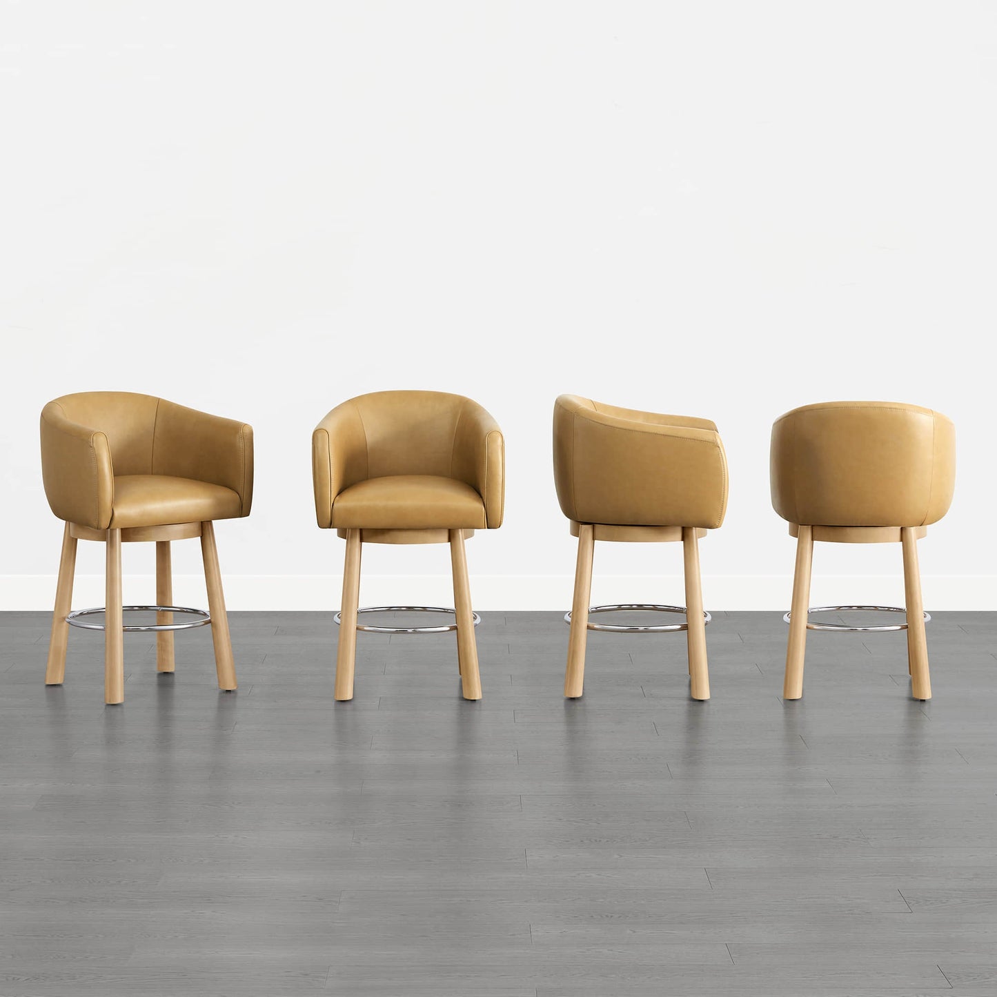 Barrel Swivel Bar Stool in Genuine Leather, Set of 2