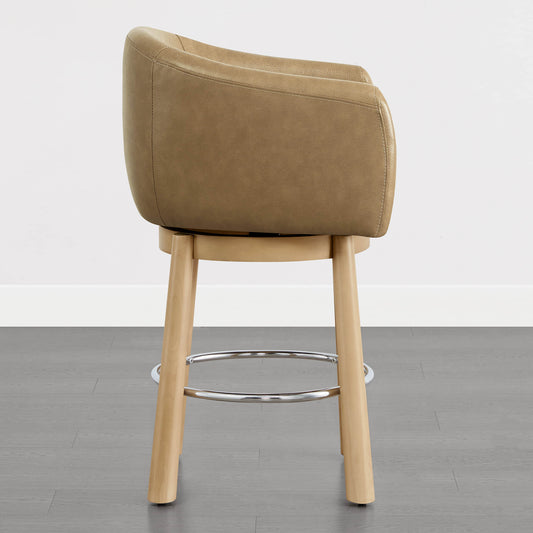 Barrel Swivel Bar Stool in Genuine Leather, Set of 2