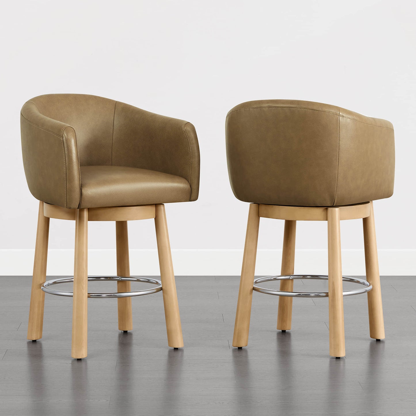 Barrel Swivel Bar Stool in Genuine Leather, Set of 2