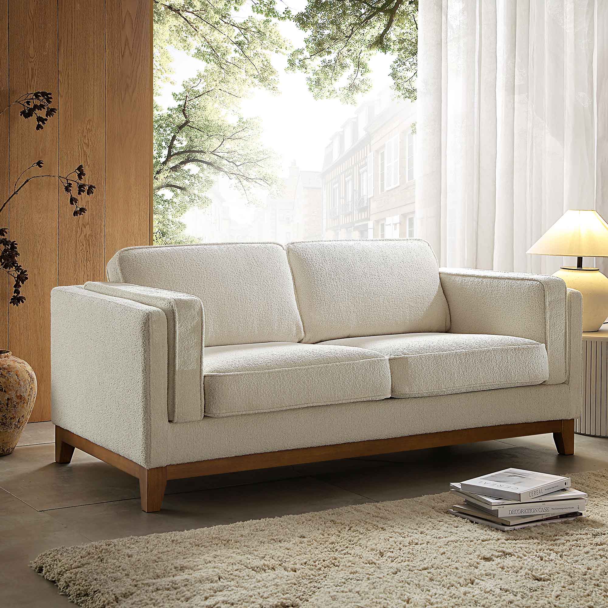 Beige Boucle Fabric Sofa with Curved Armrests, 2-Seater