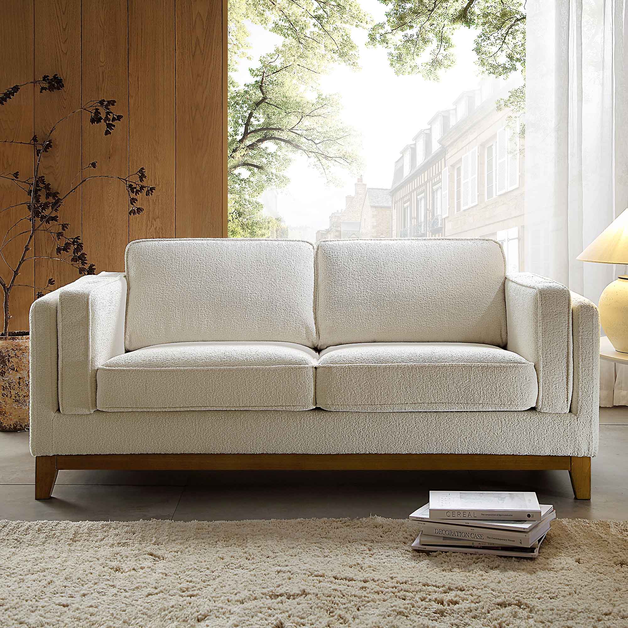 Beige Boucle Fabric Sofa with Curved Armrests, 2-Seater