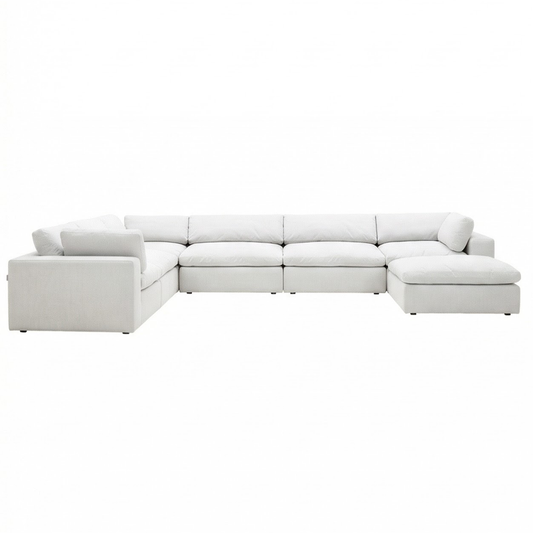 Extended Sectional Sofa in White Fabric with Modular Design