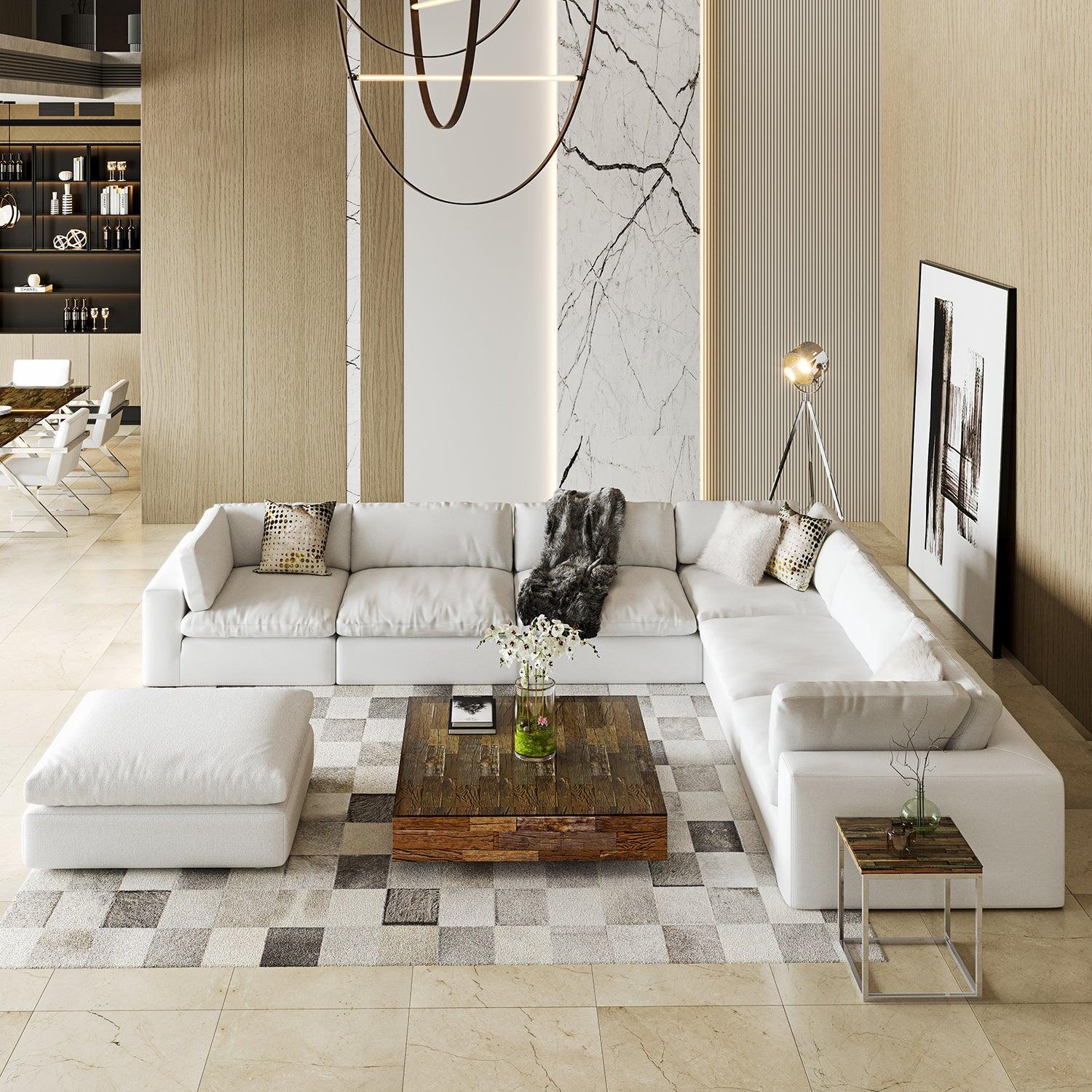 Extended Sectional Sofa in White Fabric with Modular Design