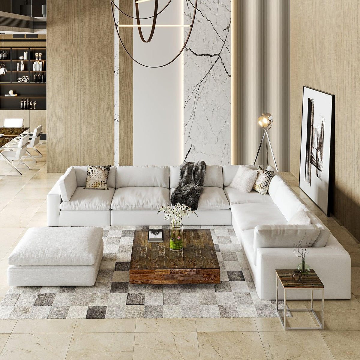 Extended Sectional Sofa in White Fabric with Modular Design