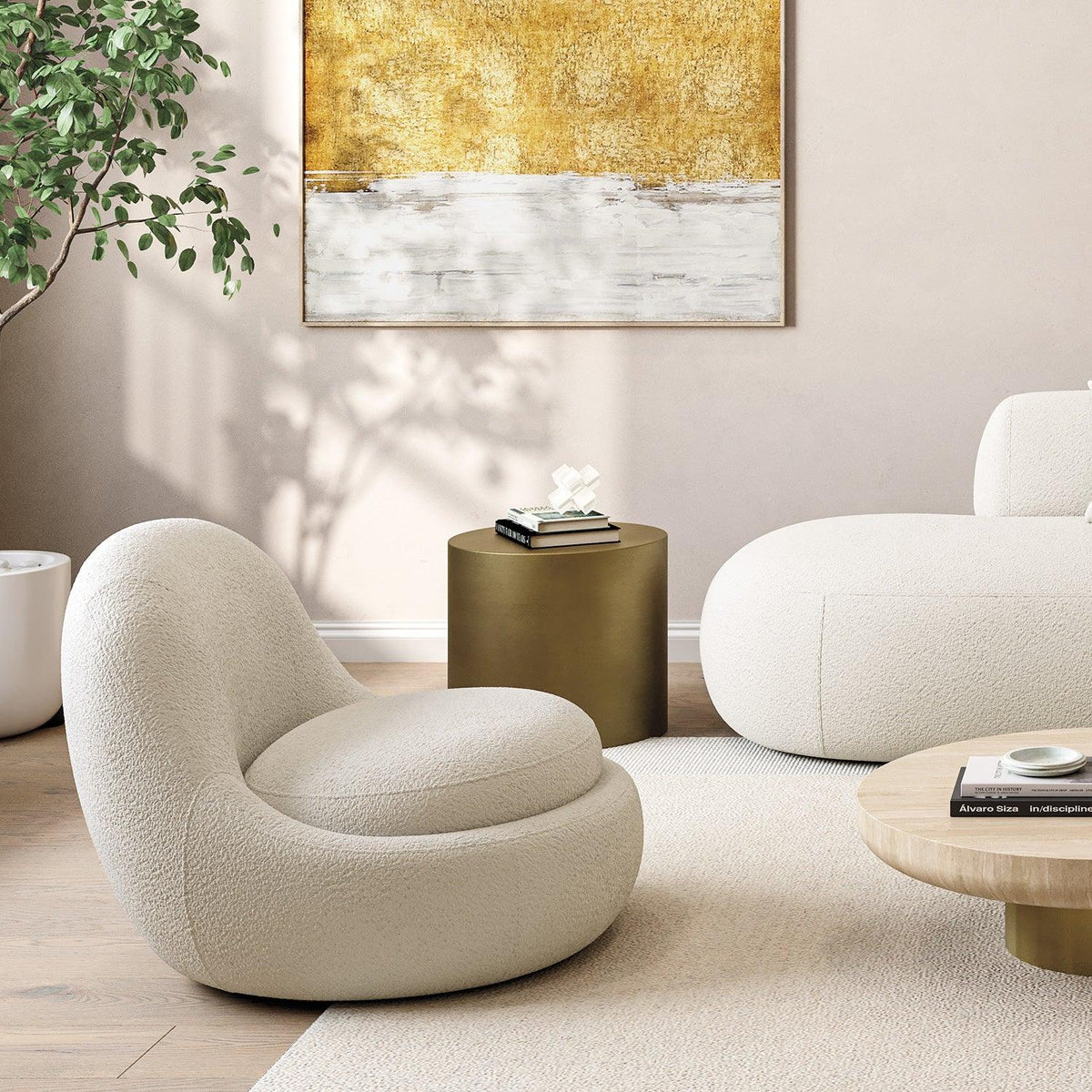 Swivel Lounge Chair in White Boucle with Curved Back