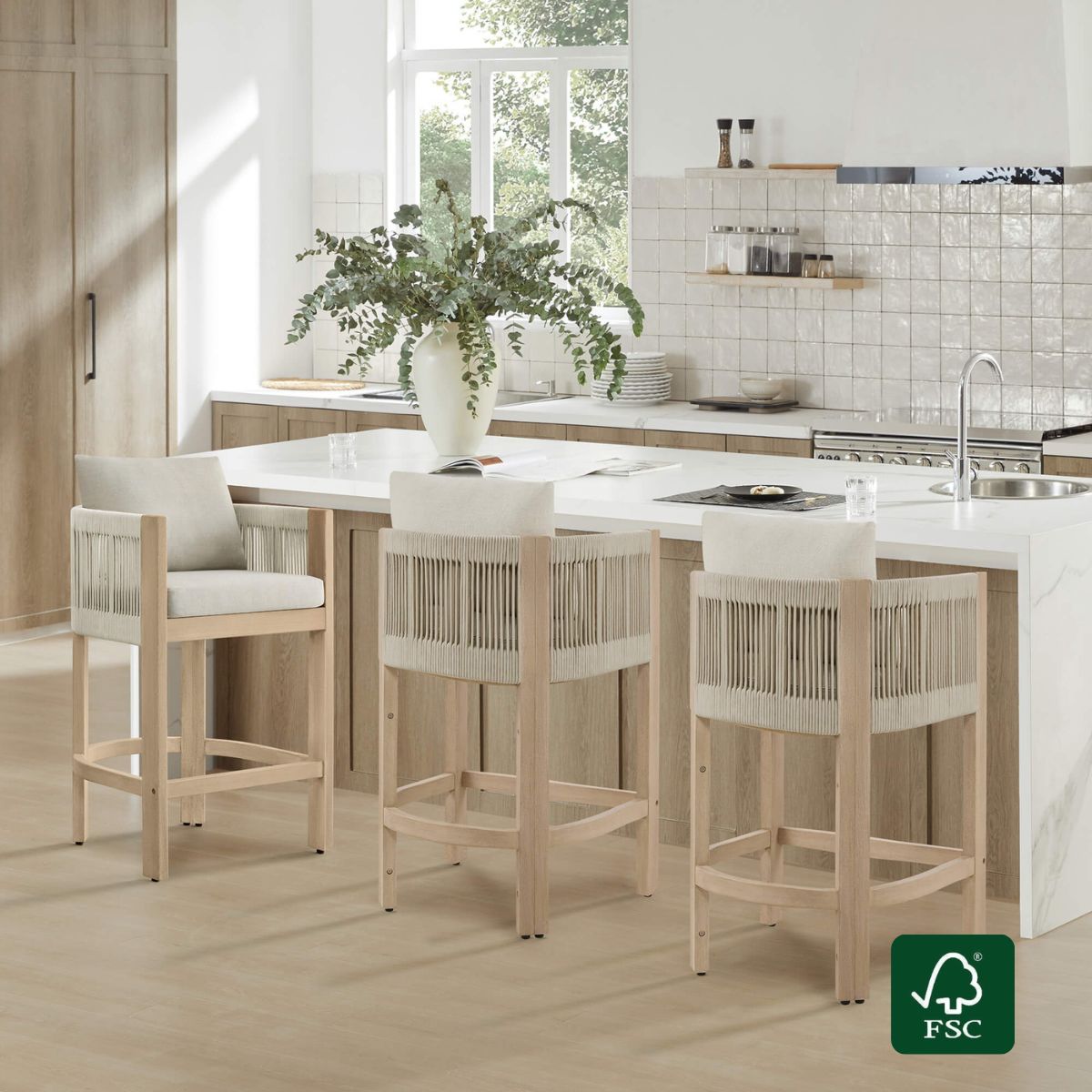 Boho Acacia Wood Counter Stool with Rope Detailing