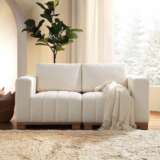 Boucle 2-Seater Sofa with Wooden Base in Beige