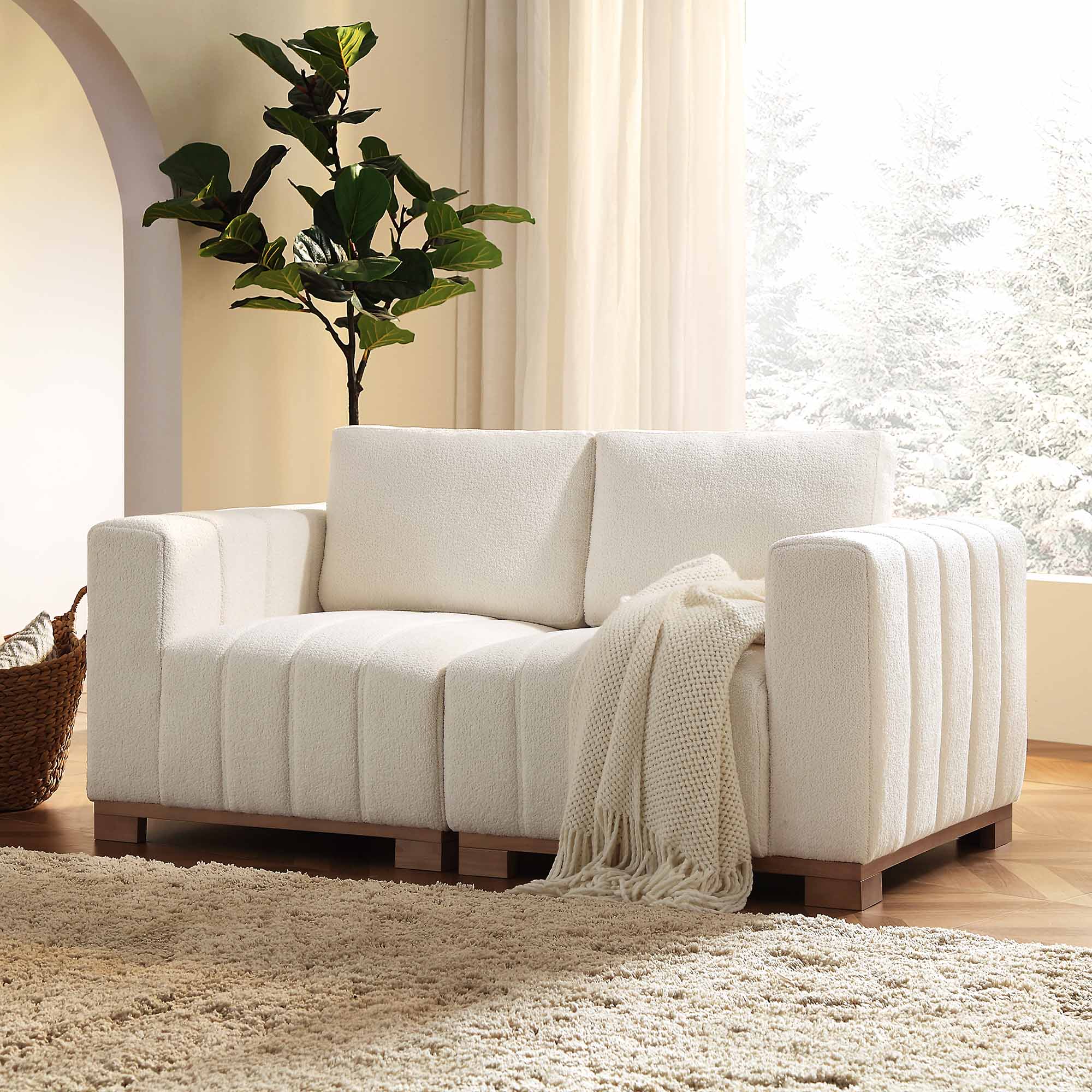 Boucle 2-Seater Sofa with Wooden Base in Beige