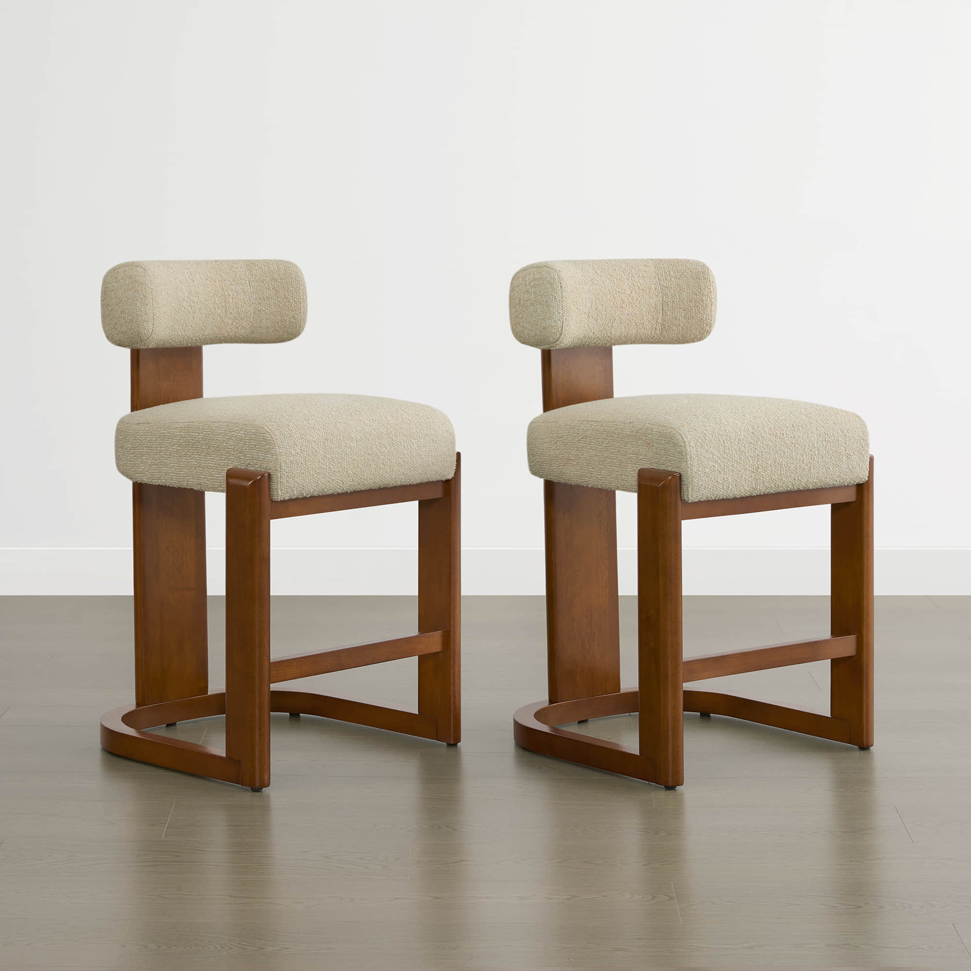 Boucle Counter Stools With Solid Wood Legs
