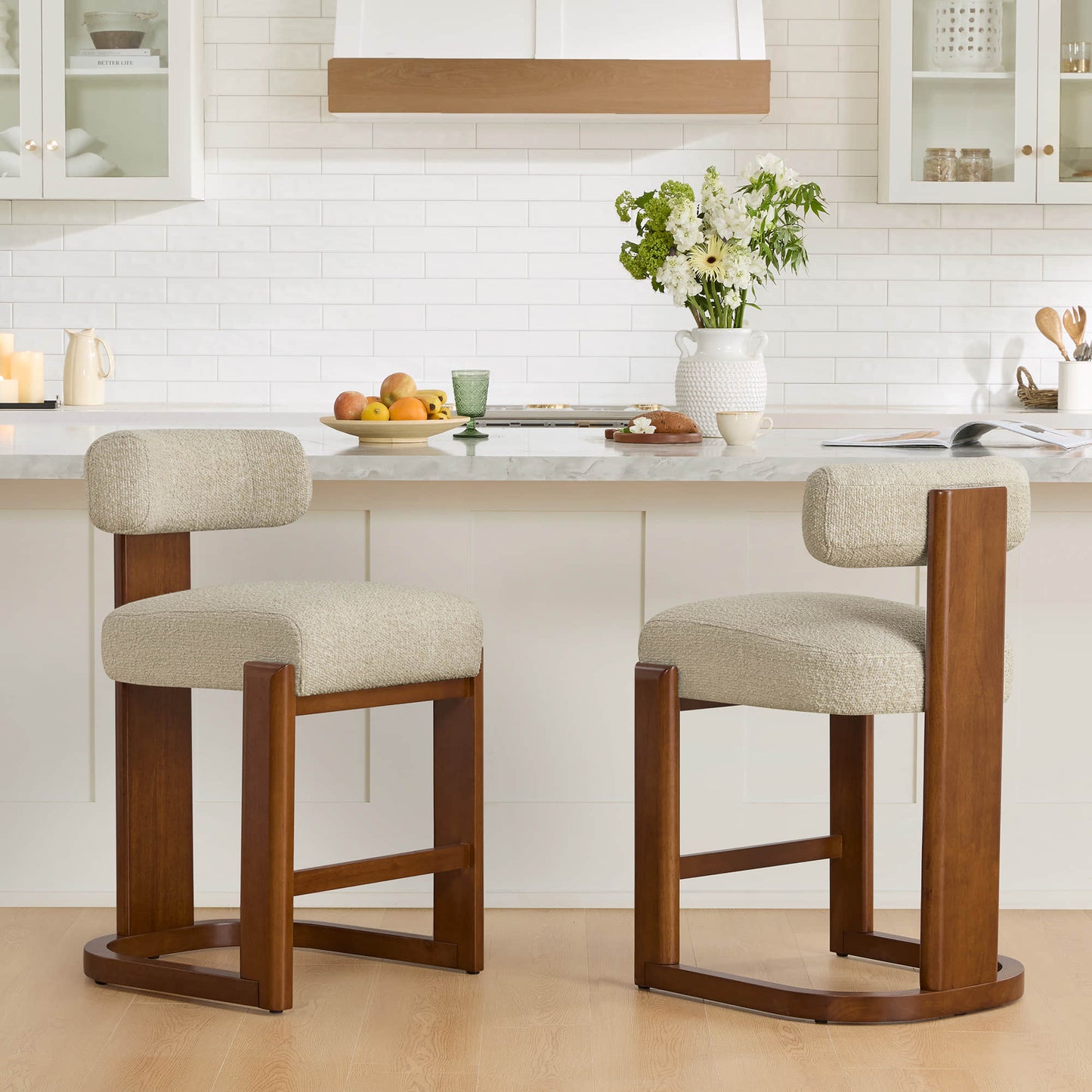Boucle Counter Stools With Solid Wood Legs