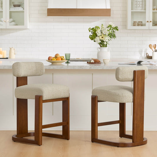 Boucle Counter Stools With Solid Wood Legs