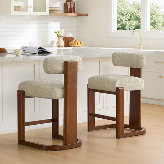 Boucle Counter Stools With Solid Wood Legs
