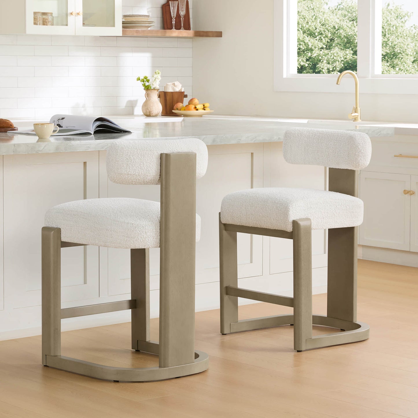 Boucle Counter Stools With Solid Wood Legs