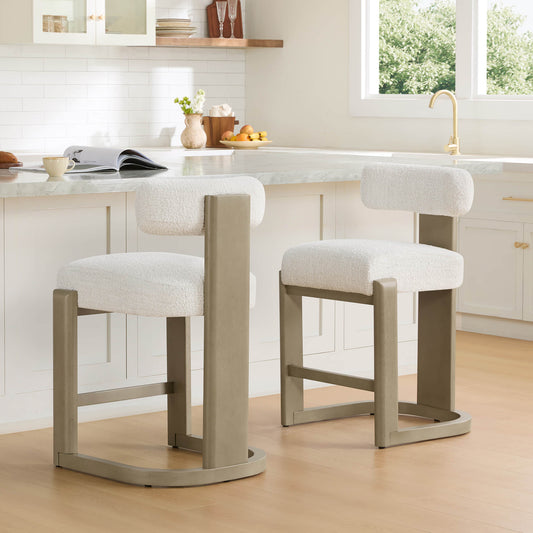 Boucle Counter Stools With Solid Wood Legs