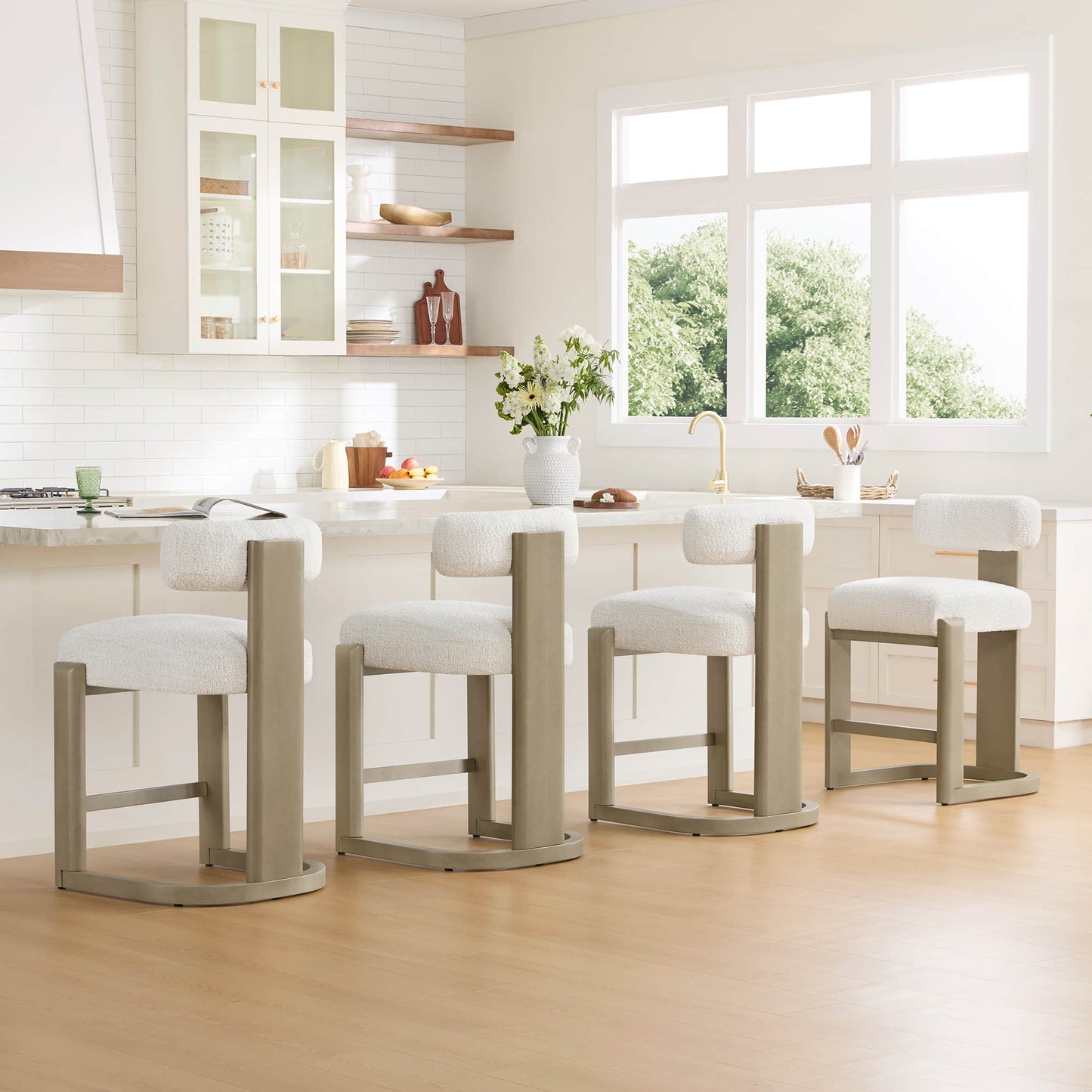 Boucle Counter Stools With Solid Wood Legs